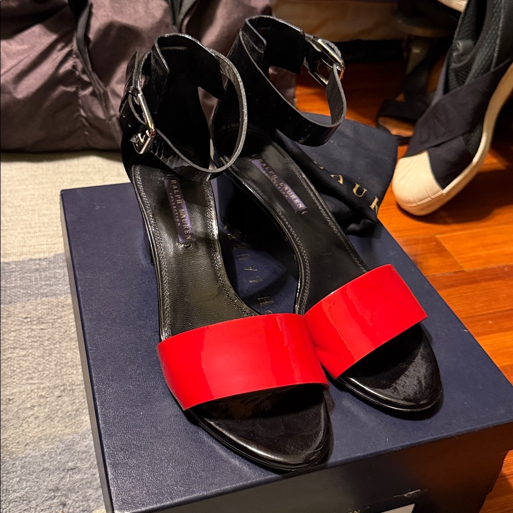 Ralph Lauren Purple Collection Black and red patent leather Paloma sandals
